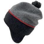 Earflap hat with pom pom - greys with rust red stripe