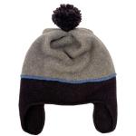 Earflap hat with pom pom - dark brown and beige with blue stripe